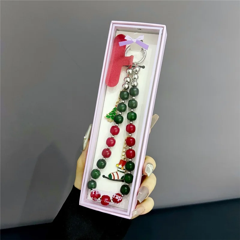 Accessoire de Noël à suspendre - Arbre de Noël + Chaussette - Longueur 8 pouces, fait main, avec perles, dragonne pour téléphone, accessoire décoratif de fête