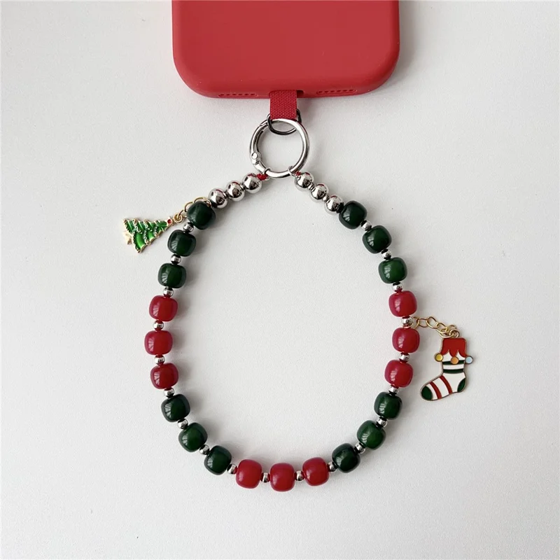 Accessoire de Noël à suspendre - Arbre de Noël + Chaussette - Longueur 8 pouces, fait main, avec perles, dragonne pour téléphone, accessoire décoratif de fête