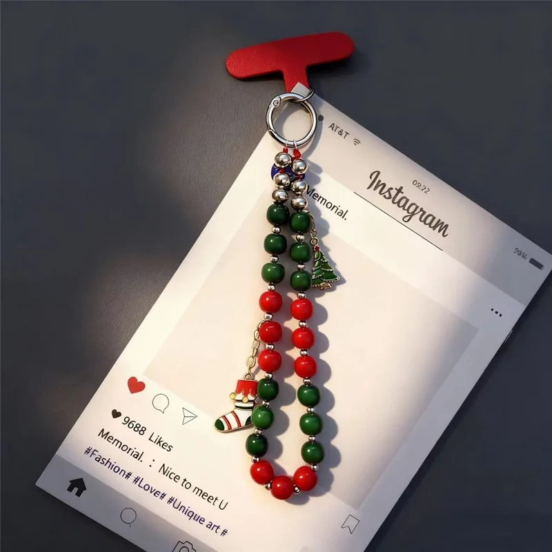 Accessoire de Noël à suspendre - Arbre de Noël + Chaussette - Longueur 8 pouces, fait main, avec perles, dragonne pour téléphone, accessoire décoratif de fête