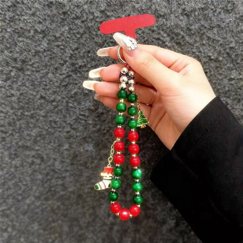 Accessoire de Noël à suspendre - Arbre de Noël + Chaussette - Longueur 8 pouces, fait main, avec perles, dragonne pour téléphone, accessoire décoratif de fête