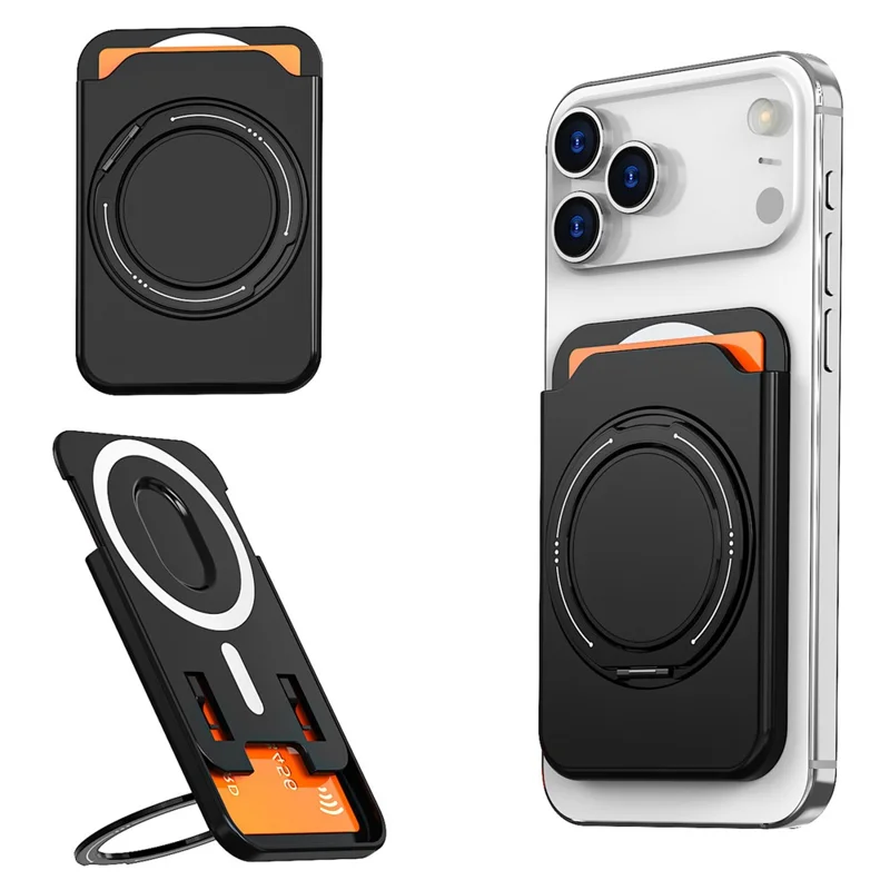 Bulk Purchasing Magnetic Card Holder Phone Back PC Card Slot with Aluminum Alloy Ring Kickstand - Black