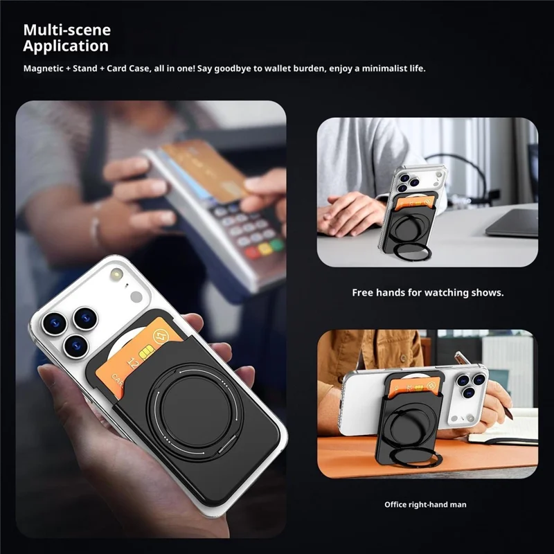 Bulk Purchasing Magnetic Card Holder Phone Back PC Card Slot with Aluminum Alloy Ring Kickstand - Black