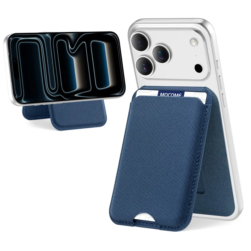 Magnetic Card Holder Textured Fabric RFID Blocking Card Slot Foldable Viewing Angle Kickstand - Sapphire