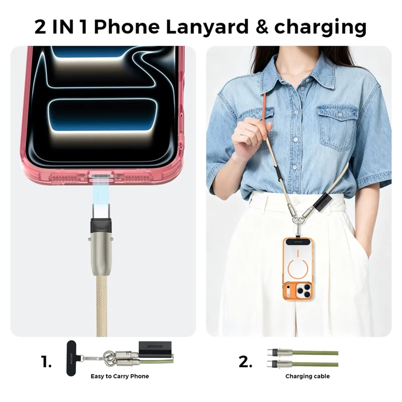 MOCOME W3 2 in 1 130cm Rechargeable Phone Lanyard 240W Fast Charging Cable Lanyard with Detachable Magnetic Clasp - Orange Gradient