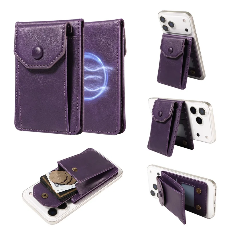 Magnetic Wallet Card Holder RFID Blocking Foldable Kickstand 4 Card Slots Cash Pocket - Purple