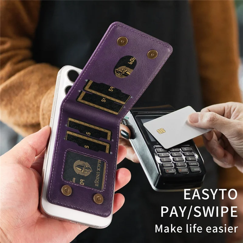 Magnetic Wallet Card Holder RFID Blocking Foldable Kickstand 4 Card Slots Cash Pocket - Purple
