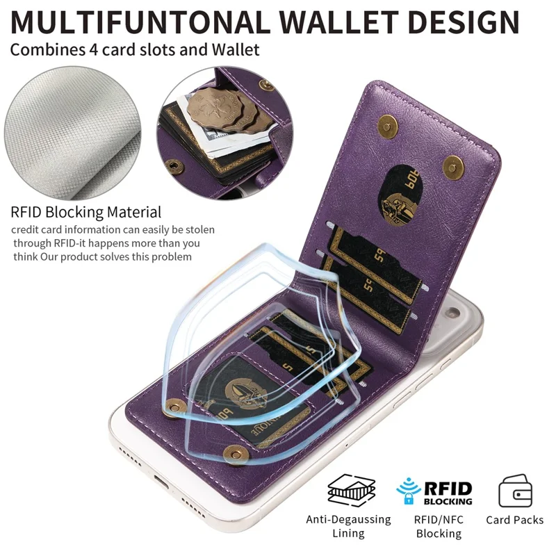 Magnetic Wallet Card Holder RFID Blocking Foldable Kickstand 4 Card Slots Cash Pocket - Purple