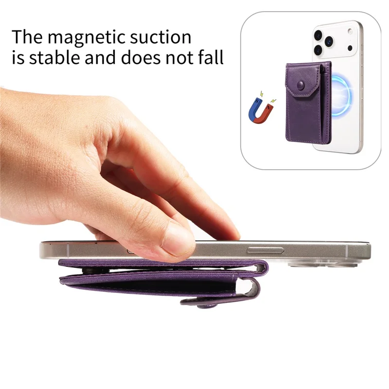 Magnetic Wallet Card Holder RFID Blocking Foldable Kickstand 4 Card Slots Cash Pocket - Purple