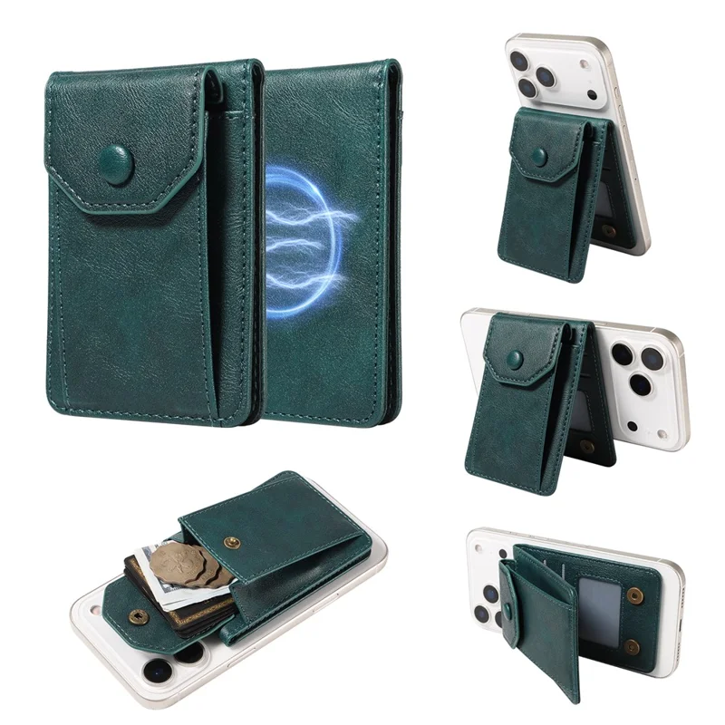 Magnetic Wallet Card Holder RFID Blocking Foldable Kickstand 4 Card Slots Cash Pocket - Green