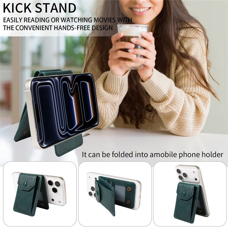 Magnetic Wallet Card Holder RFID Blocking Foldable Kickstand 4 Card Slots Cash Pocket - Green
