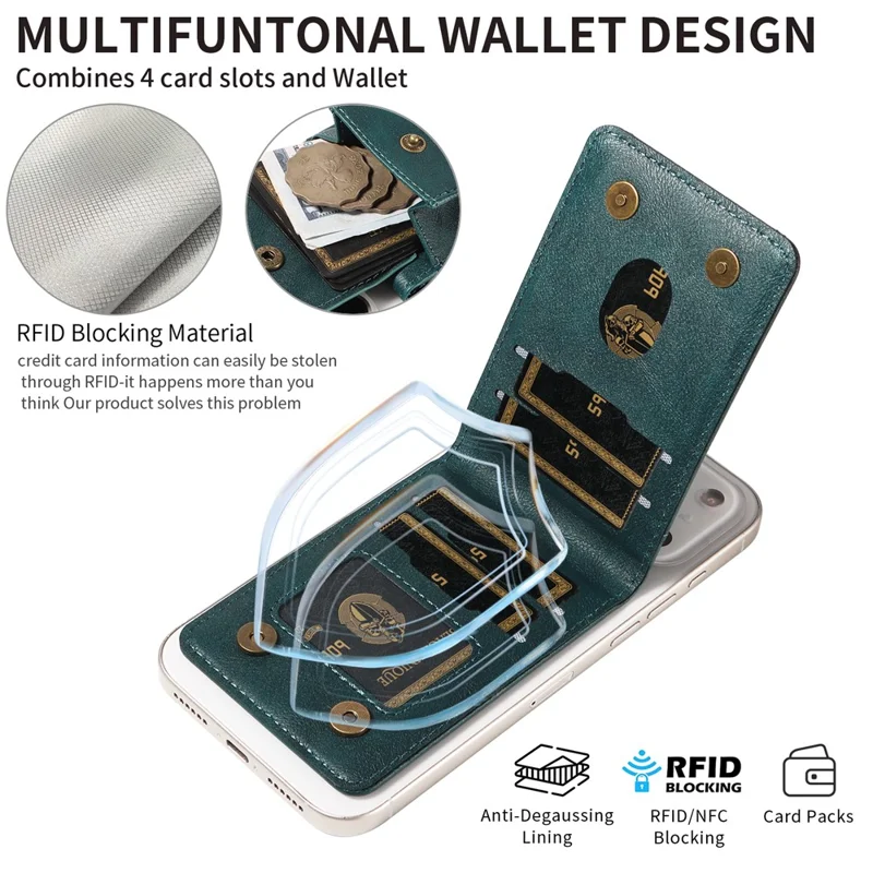 Magnetic Wallet Card Holder RFID Blocking Foldable Kickstand 4 Card Slots Cash Pocket - Green