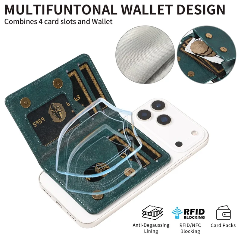 Магнитный съемный держатель для телефона с 4 кармашками для карт, антикражный кошелек с защитой от RFID, функция подставки для телефона - зеленый