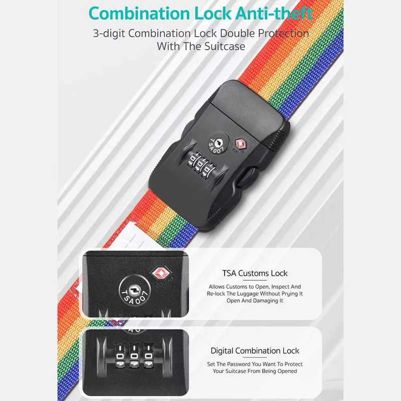 COTECI TR-004 Luggage Strap TSA Approved Customs Combination Lock 2m Nylon Reinforced Belt for Travel Security - Black