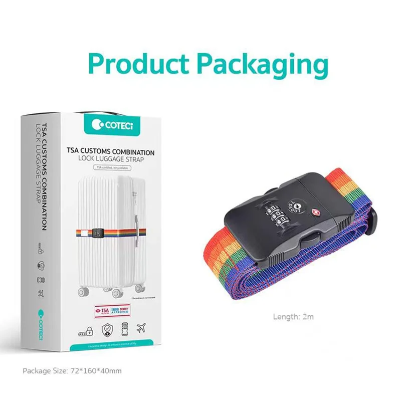 COTECI TR-004 Luggage Strap TSA Approved Customs Combination Lock 2m Nylon Reinforced Belt for Travel Security - Black