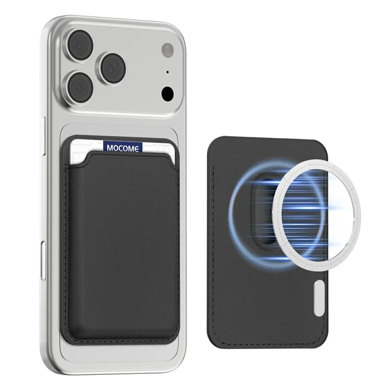 Soporte Magnético para Teléfono con Bloqueo RFID, Funda Trasera para Tarjetas de Cuero con Textura de Cuadrícula - Negro