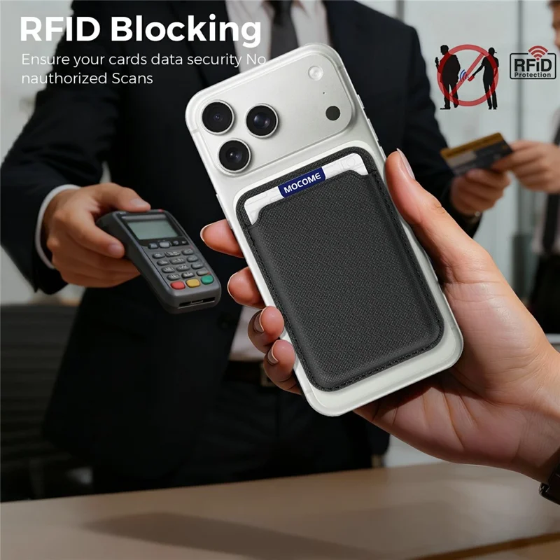 Soporte Magnético para Teléfono con Bloqueo RFID, Funda Trasera para Tarjetas de Cuero con Textura de Cuadrícula - Negro