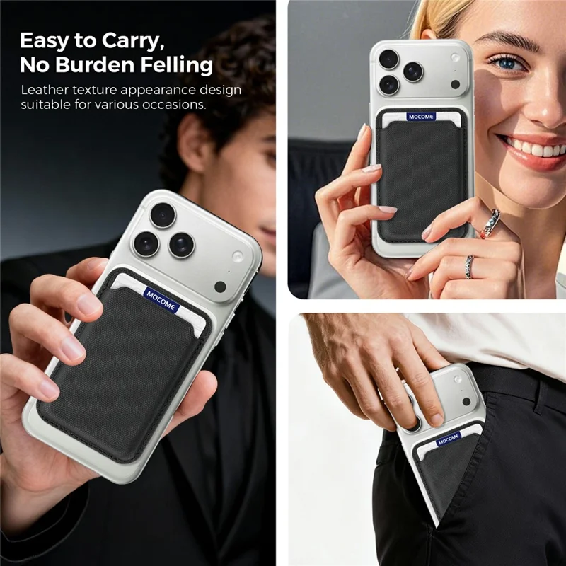 Soporte Magnético para Teléfono con Bloqueo RFID, Funda Trasera para Tarjetas de Cuero con Textura de Cuadrícula - Negro