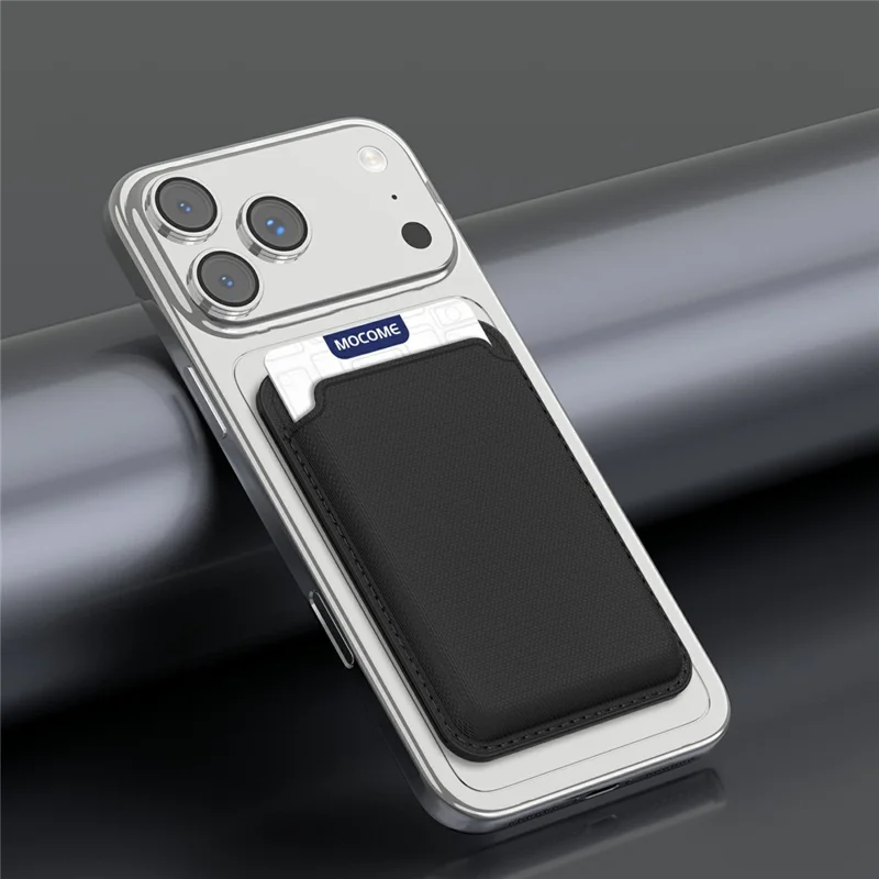 Soporte Magnético para Teléfono con Bloqueo RFID, Funda Trasera para Tarjetas de Cuero con Textura de Cuadrícula - Negro