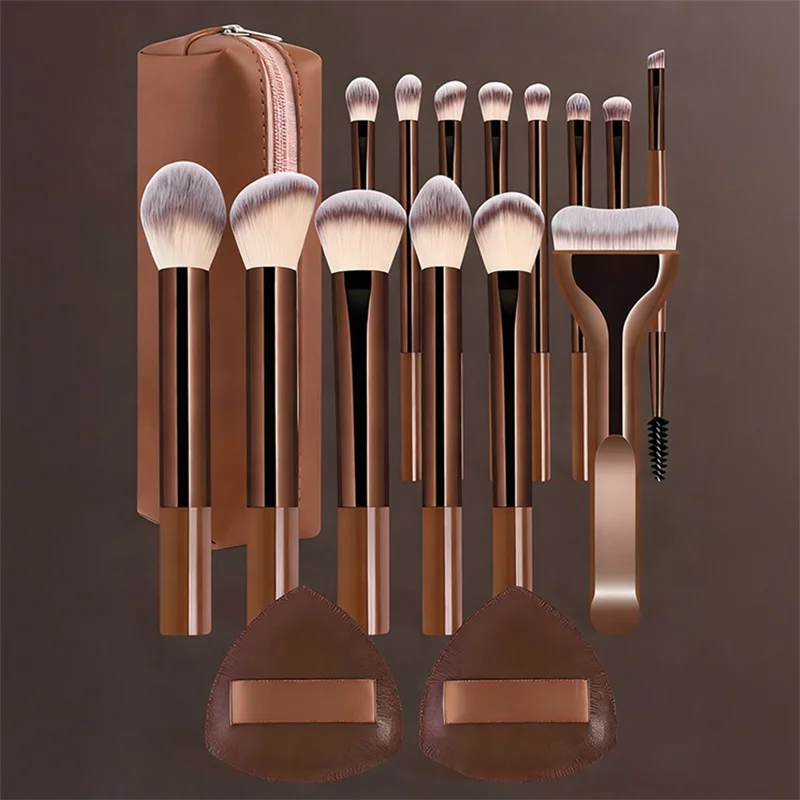 17 Pcs  /  Set Professional Makeup Brush with Powder Puff Case Dual Color Synthetic Bristles Eye Face Contour - Brown