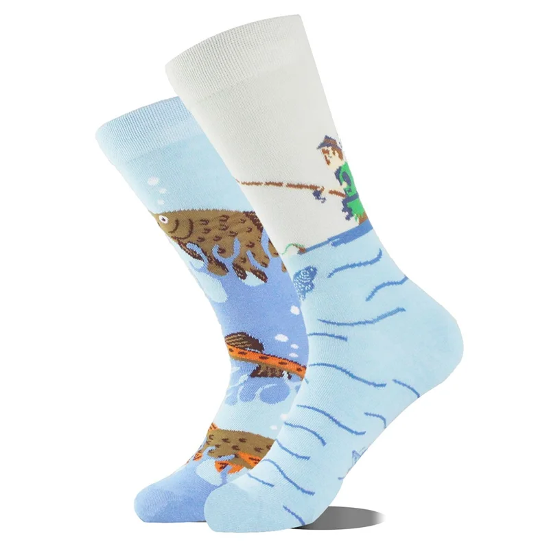 1 Pair Asymmetrical Cotton Socks Creative Fishing Theme Cartoon Pattern Crew Length Unisex - Blue