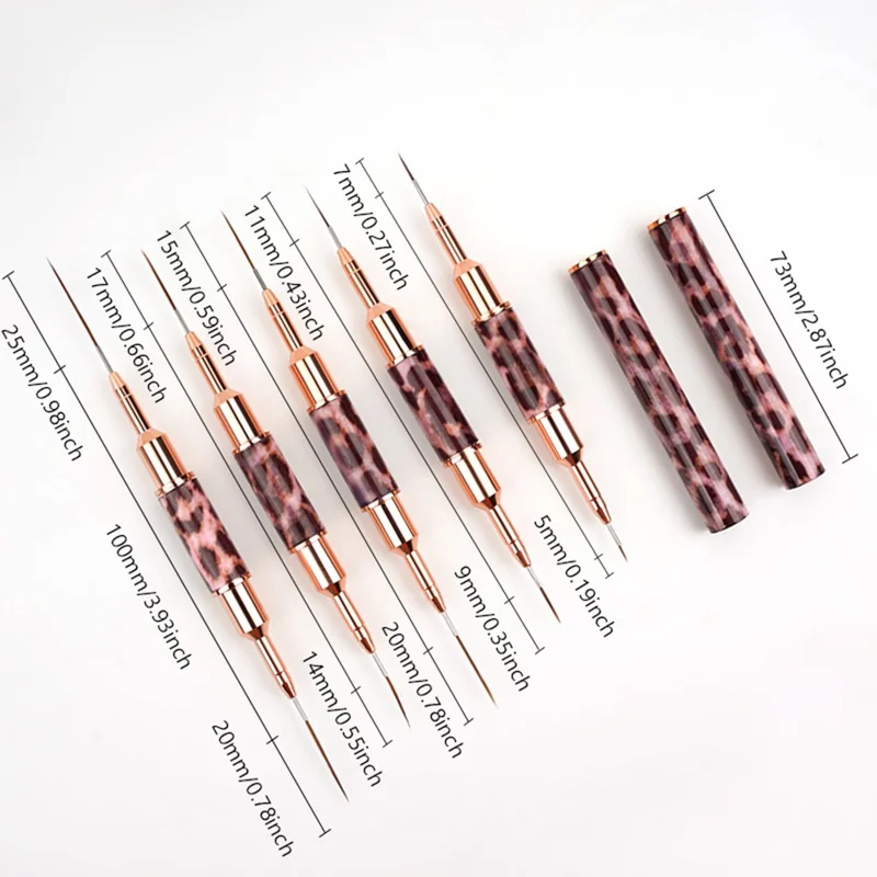 5 PCS Set Nail Art Brush Dual-Tip Leopard Print Drawstring Coloring Pen Kit with Metal Tips - Liner Pen