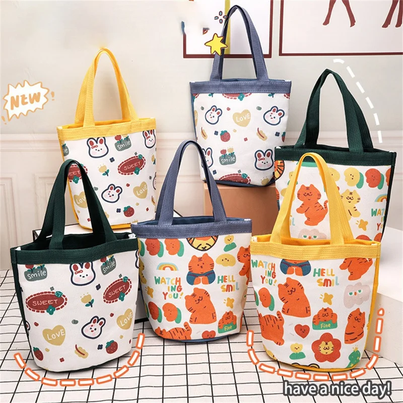 Bulk Purchasing Cute Animal Pattern Canvas Bucket Bag Handbag Lunch Box Tote Bag - Yellow / Tiger
