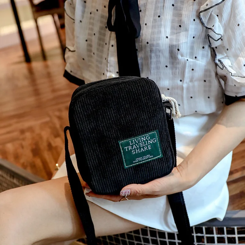 Bulk Purchasing Corduroy Vintage Crossbody Phone Bag Mini Shoulder Bag with Adjustable Strap - Black