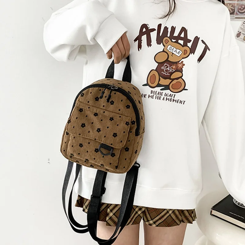Bulk Purchasing Corduroy Mini Backpack Cute Rabbit Flower Women Phone Bag Shoulder Bag - Brown / Flower