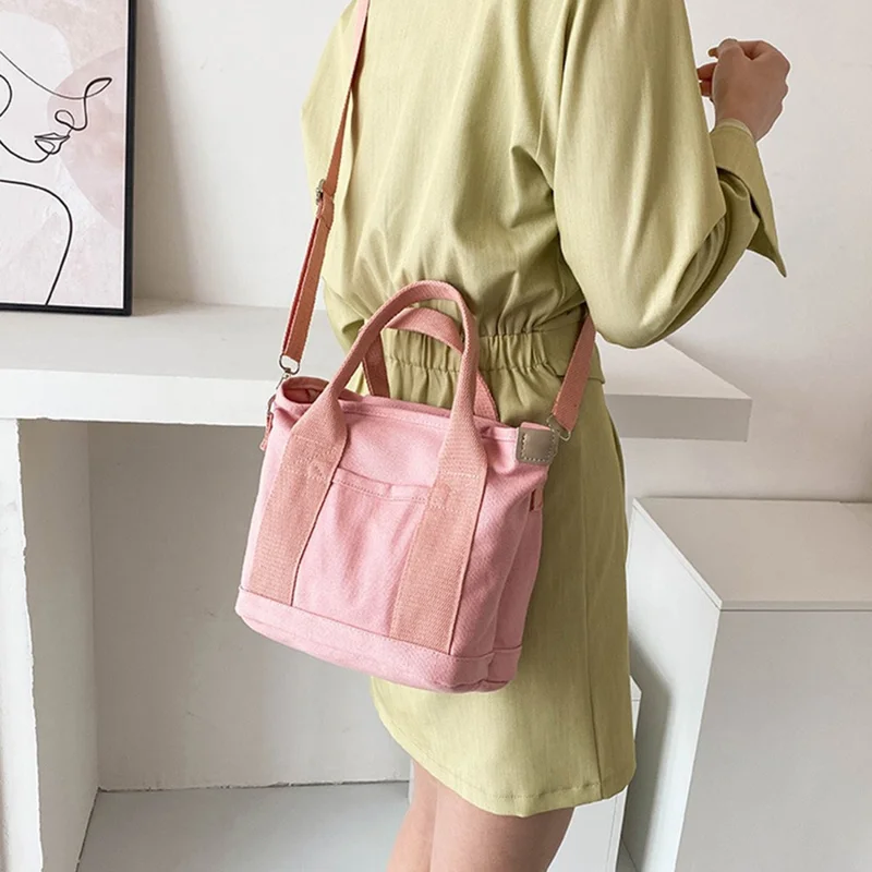 Mehrweg-Einkaufstasche mit mehreren Fächern aus Canvas Handtasche Umhängetasche Schultertasche - Rosa