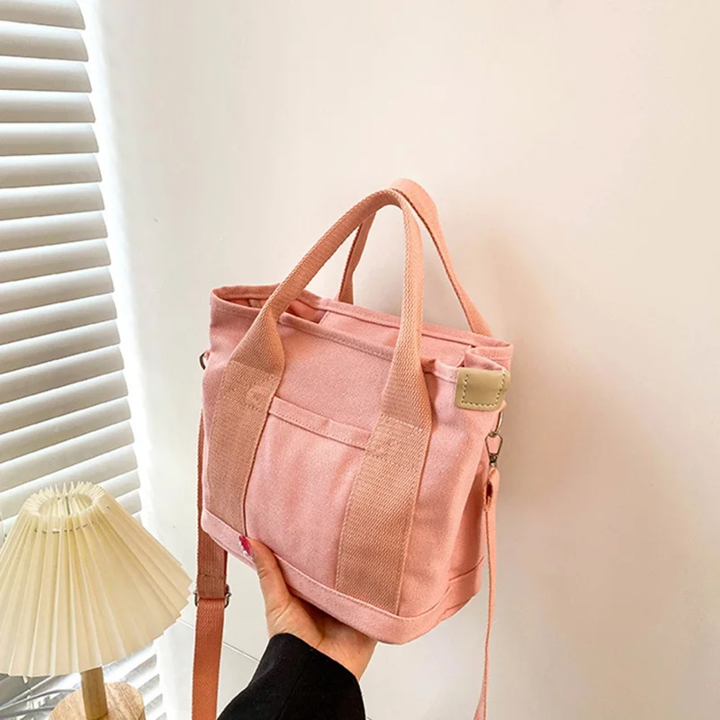 Mehrweg-Einkaufstasche mit mehreren Fächern aus Canvas Handtasche Umhängetasche Schultertasche - Rosa