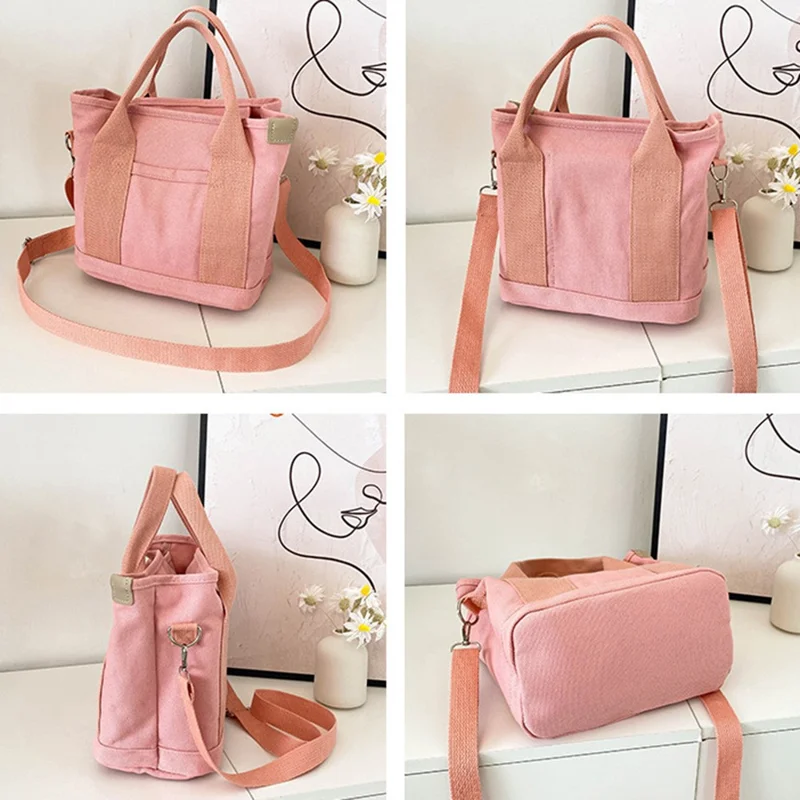 Mehrweg-Einkaufstasche mit mehreren Fächern aus Canvas Handtasche Umhängetasche Schultertasche - Rosa