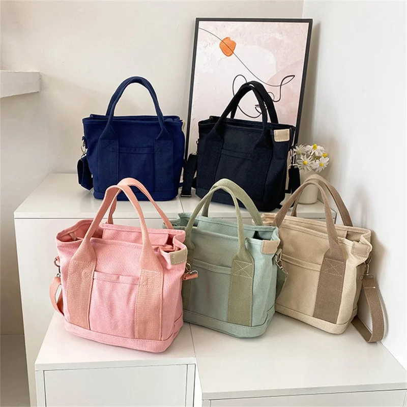 Mehrweg-Einkaufstasche mit mehreren Fächern aus Canvas Handtasche Umhängetasche Schultertasche - Rosa