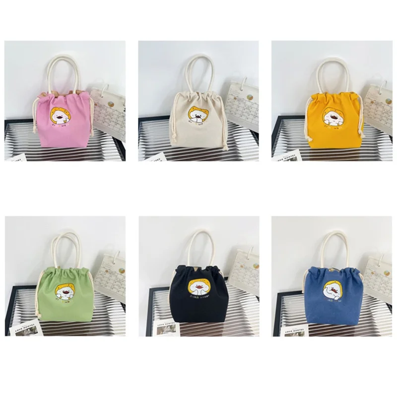 Bulk Purchasing Canvas Drawstring Phone Bag Cartoon Print Portable Handbag - Yellow