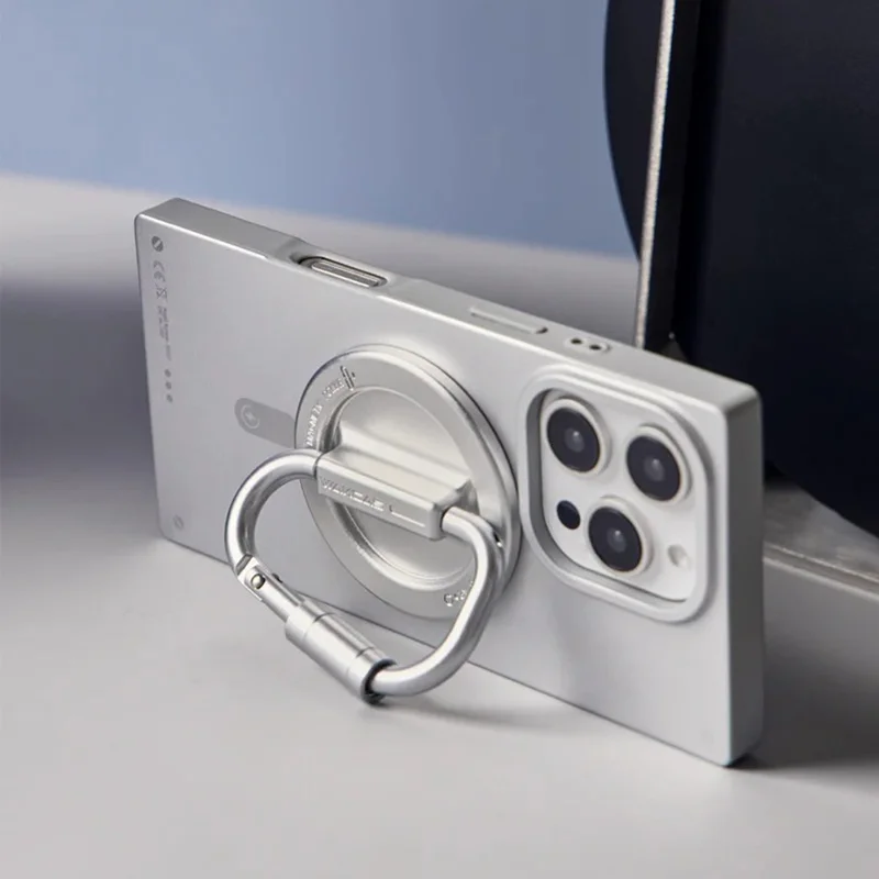 WAKCAS Carabiner Shaped Metal Magnetic Phone Stand Holder 180 Degree Adjustable Kickstand - Silver
