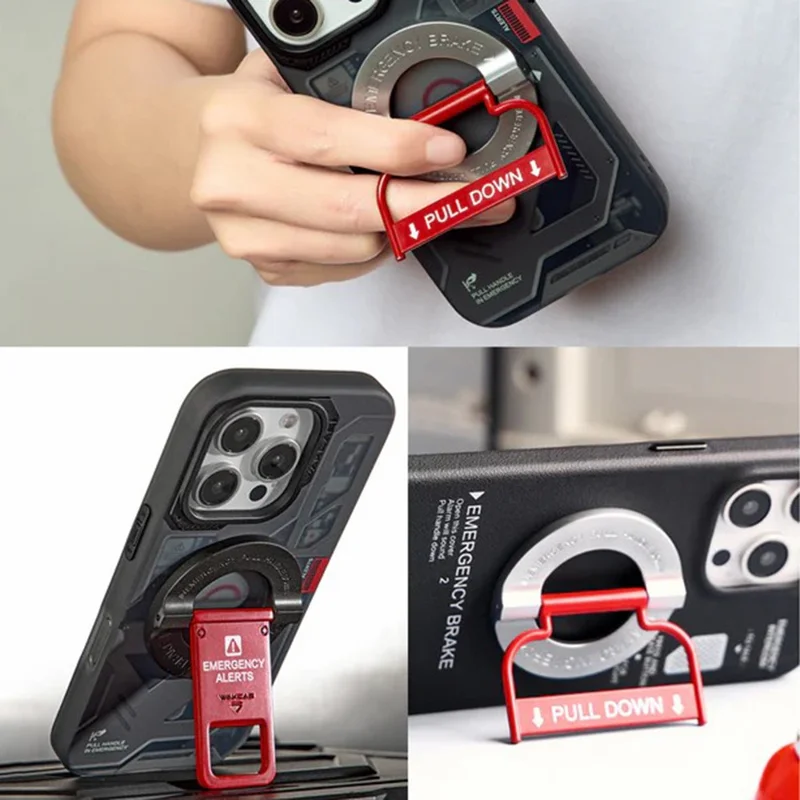 WAKCAS Emergency Red Handle Aluminum Alloy Kickstand Rotating Magnetic Phone Grip Stand - Black