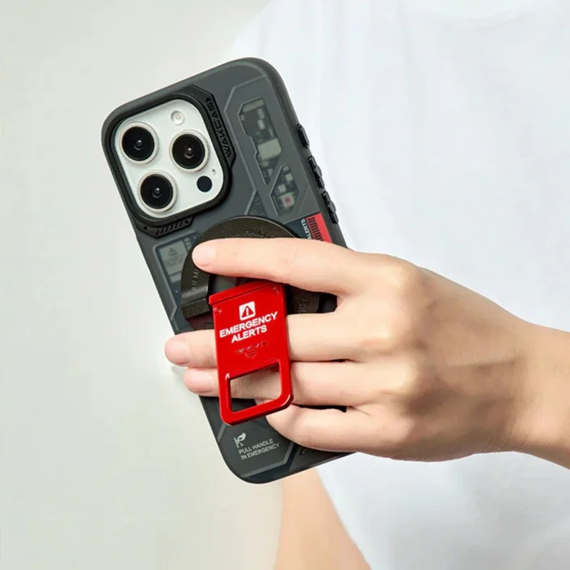 WAKCAS Emergency Red Handle Aluminum Alloy Kickstand Rotating Magnetic Phone Grip Stand - Black