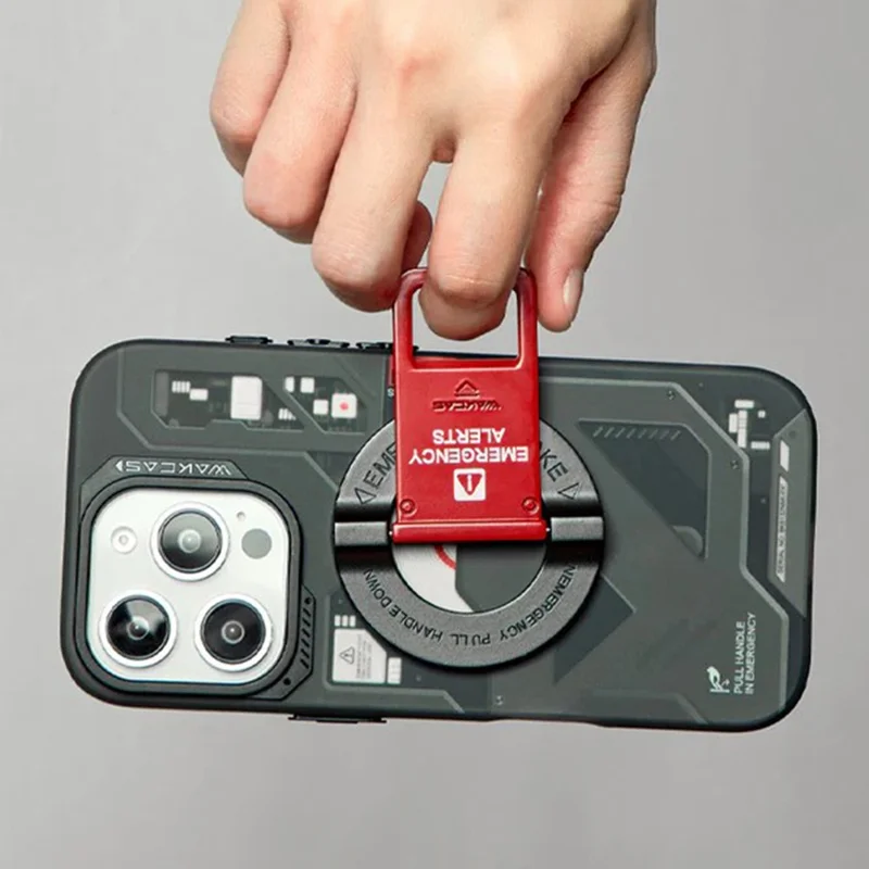 WAKCAS Emergency Red Handle Aluminum Alloy Kickstand Rotating Magnetic Phone Grip Stand - Black