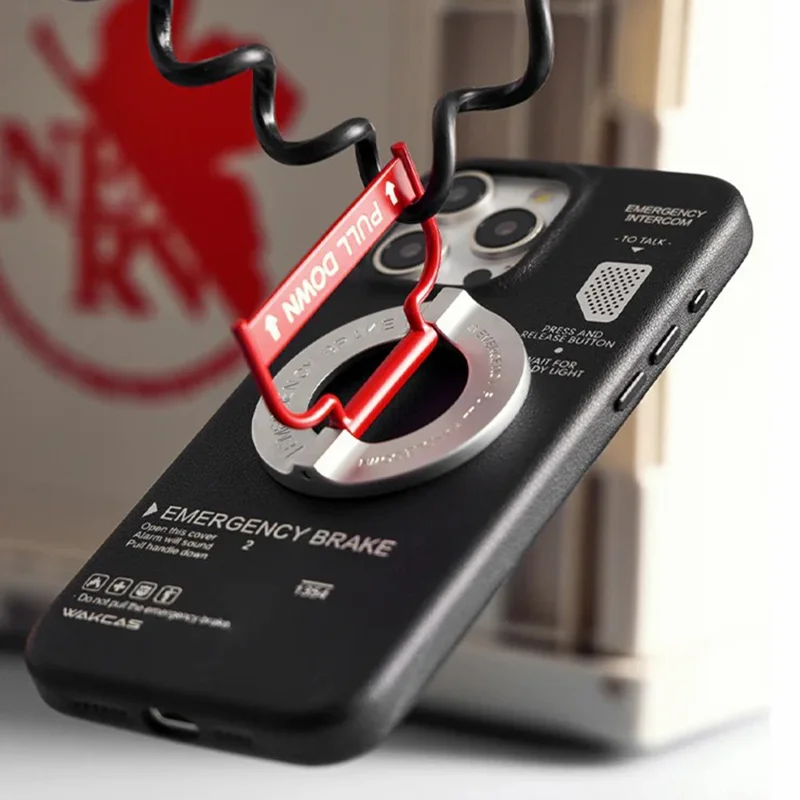 WAKCAS Emergency Red Handle Aluminum Alloy Kickstand Rotating Magnetic Phone Grip Stand - Black