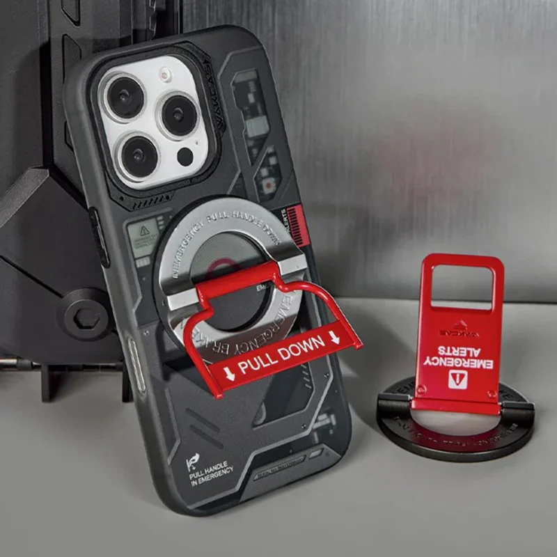 WAKCAS Emergency Red Handle Aluminum Alloy Kickstand Rotating Magnetic Phone Grip Stand - Black