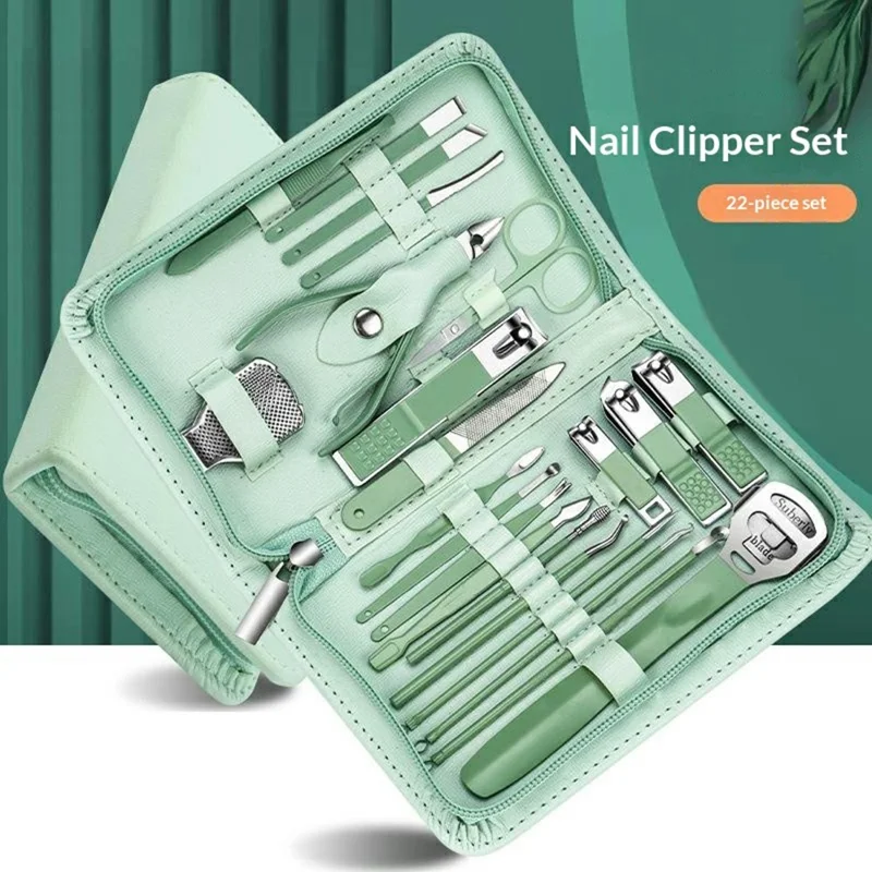 Kit de Manicure e Pedicure Multifunções 22 Peças, Corta-Unhas em Aço Inoxidável, Empurrador de Cutículas com Estojo em Pele - Verde