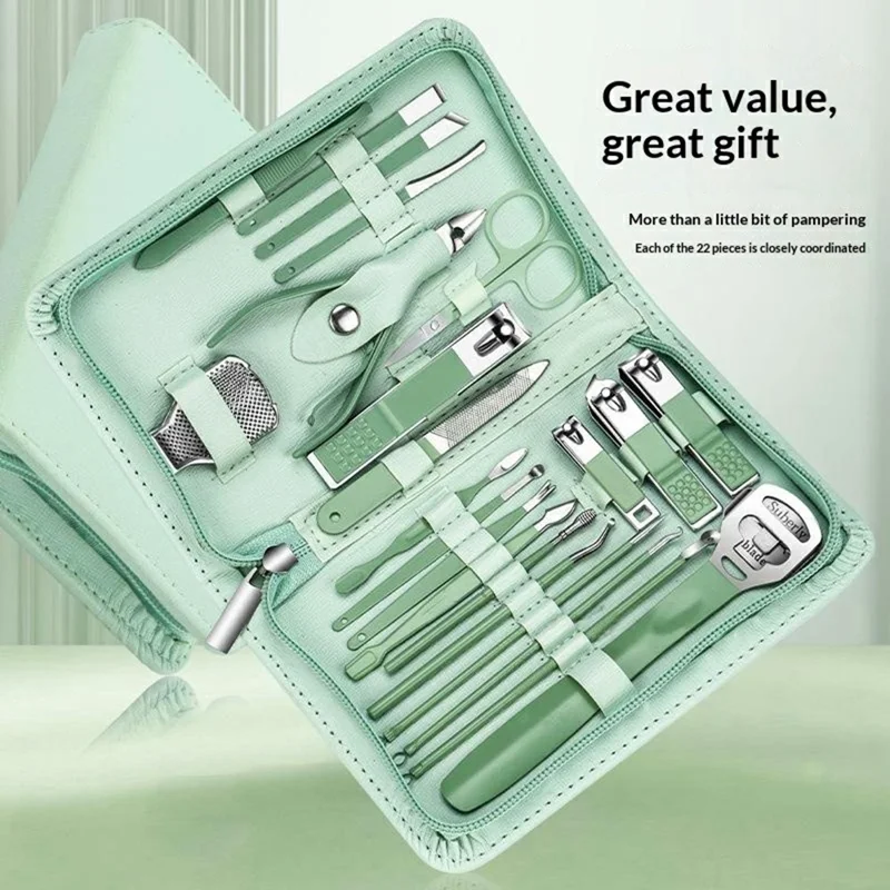 Kit de Manicure e Pedicure Multifunções 22 Peças, Corta-Unhas em Aço Inoxidável, Empurrador de Cutículas com Estojo em Pele - Verde
