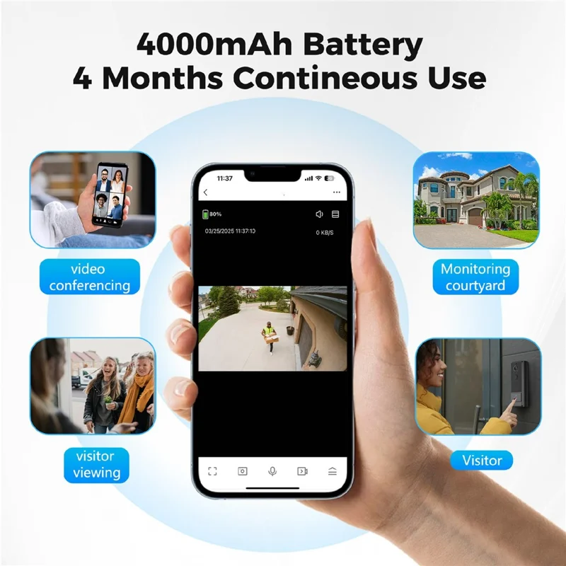 M18 Videotimbre Inalámbrico con Cámara, Audio Bidireccional, IP65 Resistente al Agua, Monitorización Remota (con Almacenamiento de Memoria) - Negro