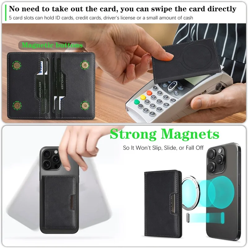 Magnetic Card Holder Wallet Compatible with MagSafe Foldable Stand PU Leather Card Case - Black