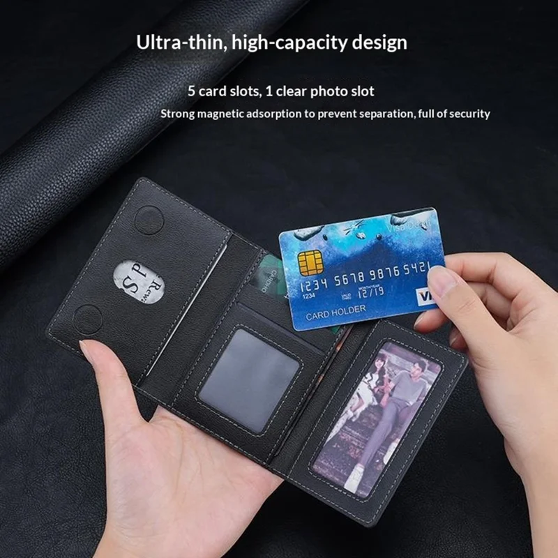 Magnetic Card Case Tri-fold Wallet with Stand PU Leather Phone Holder Compatible with MagSafe - Black