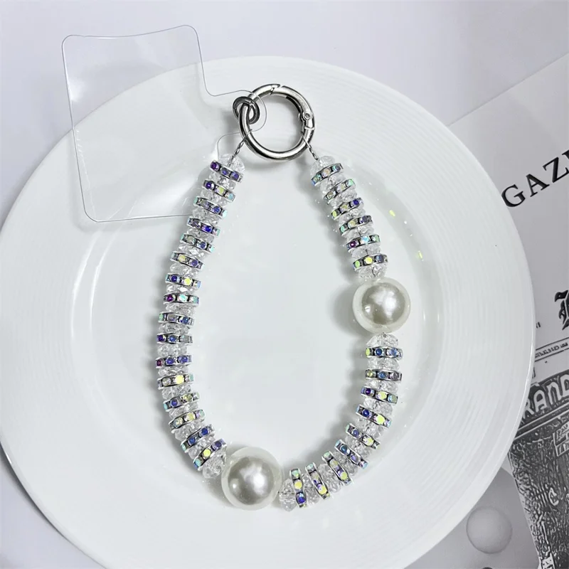 11cm Phone Chain Crystal Rhinestone Pearl Lanyard Phone Strap with Metal Clasp for Mobile Accessories