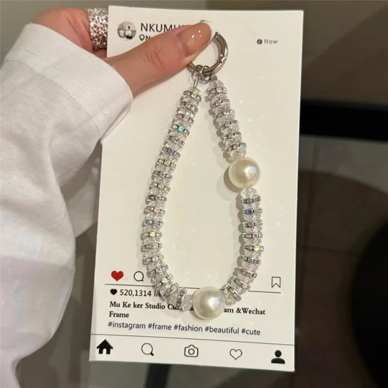 11cm Phone Chain Crystal Rhinestone Pearl Lanyard Phone Strap with Metal Clasp for Mobile Accessories