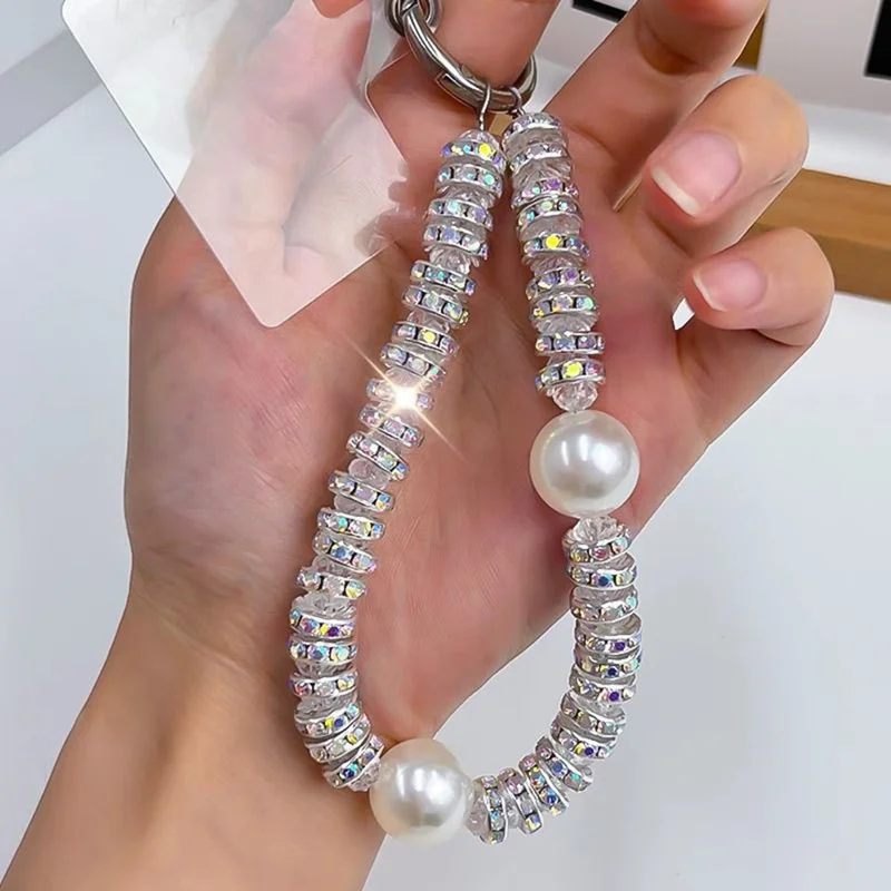 11cm Phone Chain Crystal Rhinestone Pearl Lanyard Phone Strap with Metal Clasp for Mobile Accessories
