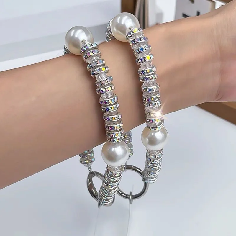 11cm Phone Chain Crystal Rhinestone Pearl Lanyard Phone Strap with Metal Clasp for Mobile Accessories