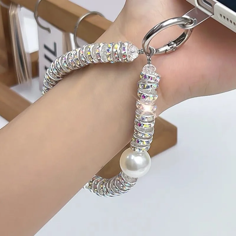 11cm Phone Chain Crystal Rhinestone Pearl Lanyard Phone Strap with Metal Clasp for Mobile Accessories