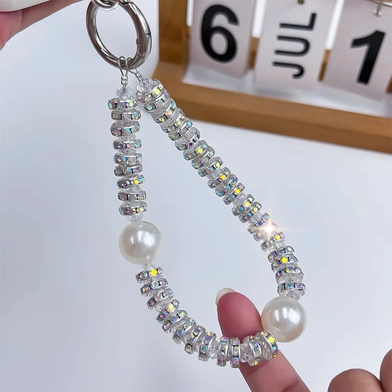 11cm Phone Chain Crystal Rhinestone Pearl Lanyard Phone Strap with Metal Clasp for Mobile Accessories